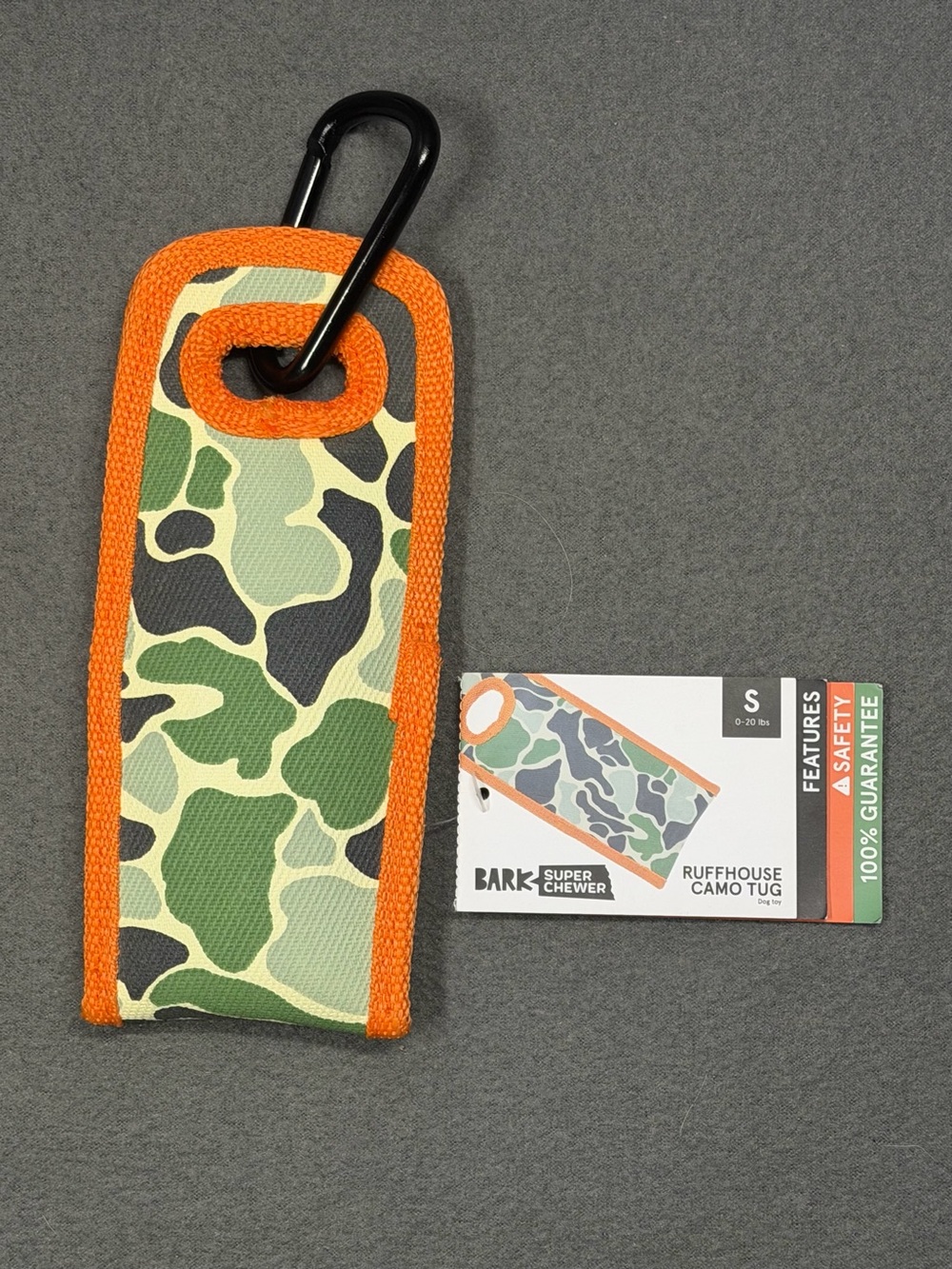 Bark Ruffhouse Tug— small dog toy in Green Camo with Orange Trim